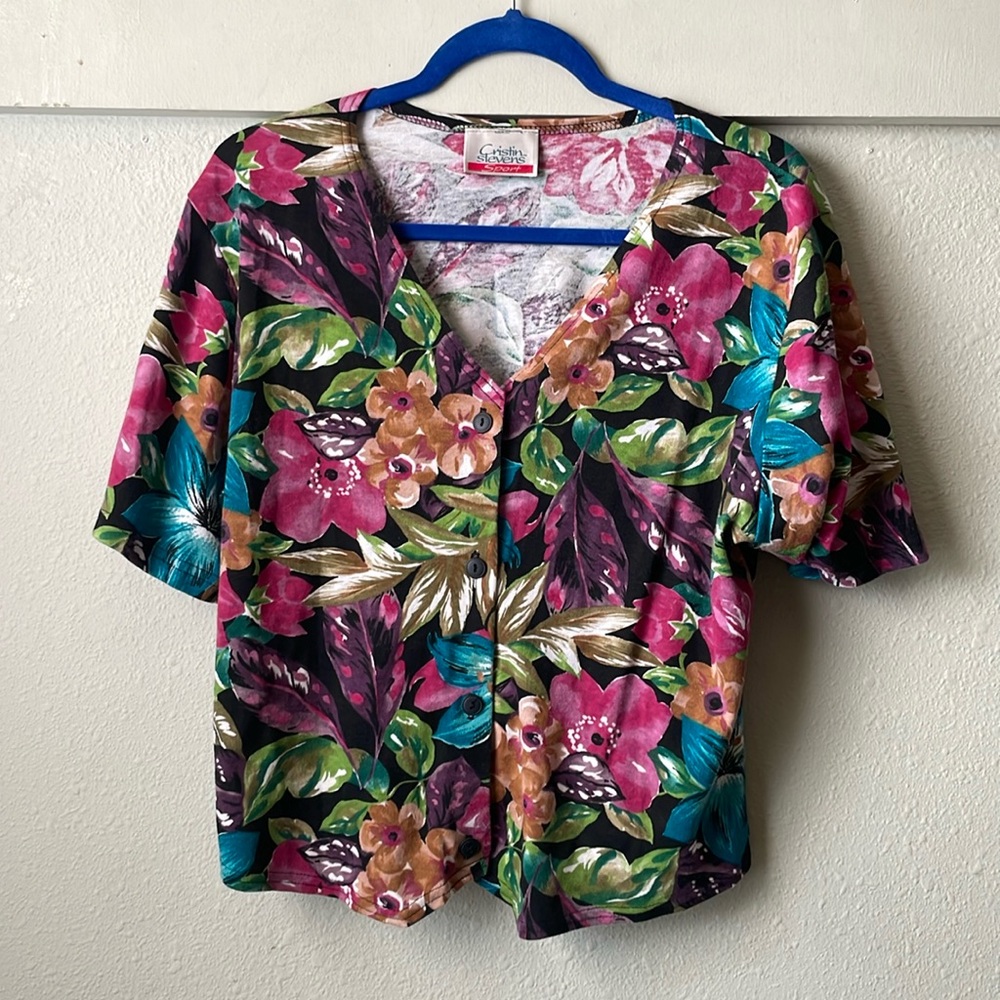 Vintage Cristin Stevens Sport floral cropped short sleeve button down blouse
